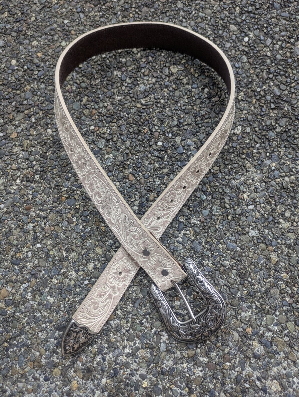 Shyanne Floral Embossed Western Belt Off White
